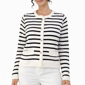 H&M Black & White Striped Button Front Cardigan Sweater Medium